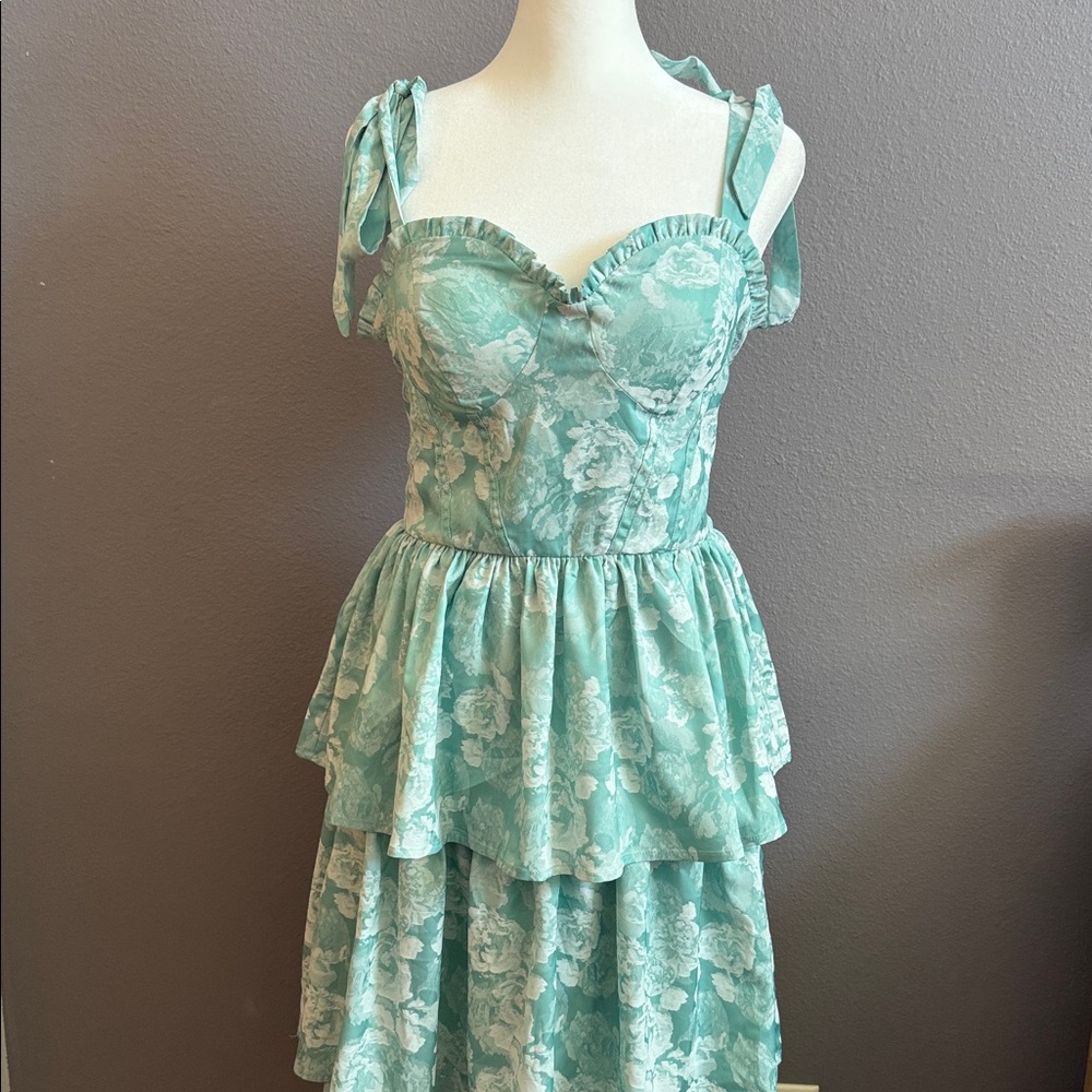 Lulus | Lovely Bliss Aqua Floral Jacquard Strapless Bustier Midi Dress Blue - Picture 1 of 10